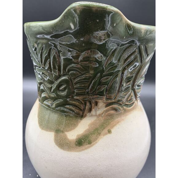 Studio Art Pottery Pitcher Ivory Green Glaze Leaves Signed - Picture 7 of 7